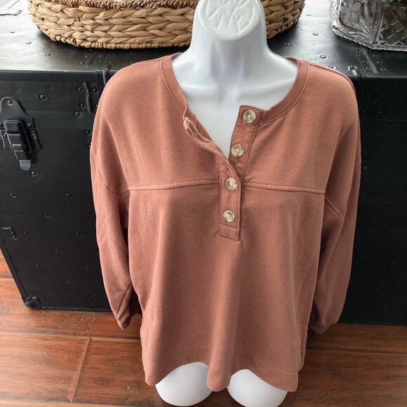 Lou & Grey Loft Cocoa Brown Soft Cotton Blend Terry Lined Pullover Buttons Large - Picture 2 of 9